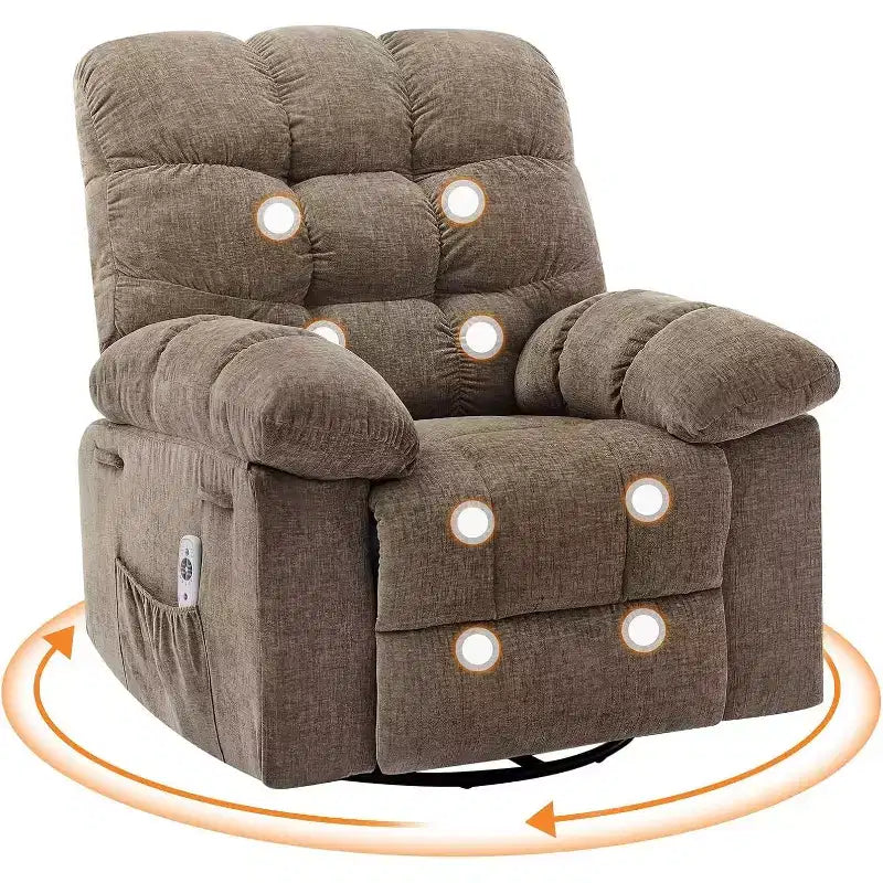 Fauteuil de massage inclinable et chauffant – Fauteuil à bascule pivotant à 360°, canapé simple surdimensionné avec vibration, port USB et poches de rangement pour salon/chambre