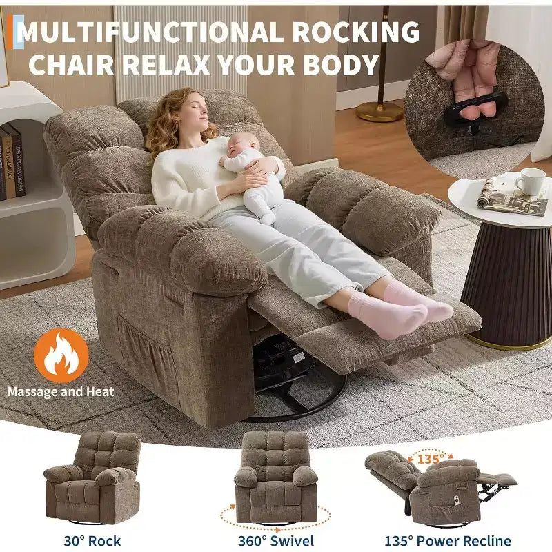 Fauteuil de massage inclinable et chauffant – Fauteuil à bascule pivotant à 360°, canapé simple surdimensionné avec vibration, port USB et poches de rangement pour salon/chambre
