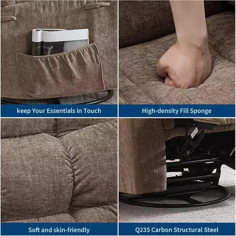 Fauteuil de massage inclinable et chauffant – Fauteuil à bascule pivotant à 360°, canapé simple surdimensionné avec vibration, port USB et poches de rangement pour salon/chambre