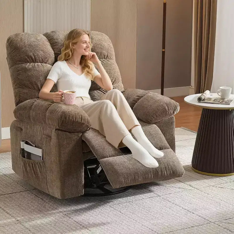 Fauteuil de massage inclinable et chauffant – Fauteuil à bascule pivotant à 360°, canapé simple surdimensionné avec vibration, port USB et poches de rangement pour salon/chambre