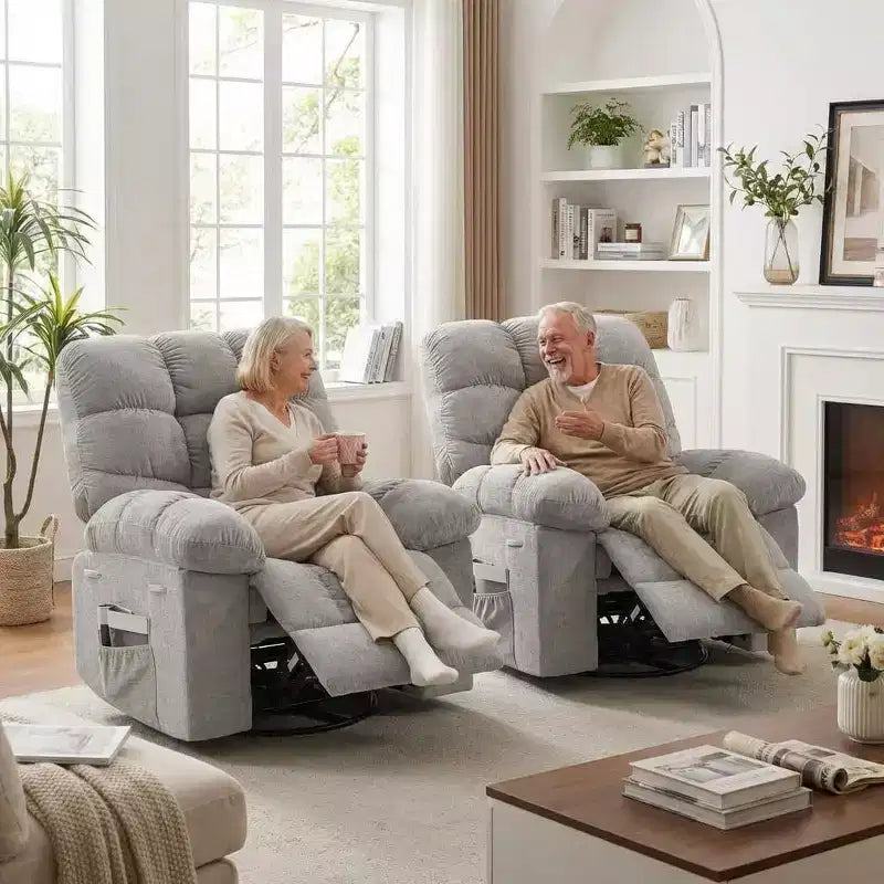 Fauteuil de massage inclinable et chauffant – Fauteuil à bascule pivotant à 360°, canapé simple surdimensionné avec vibration, port USB et poches de rangement pour salon/chambre