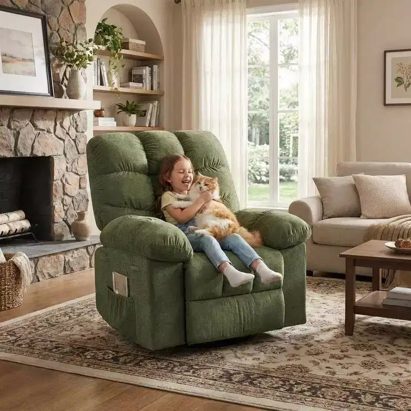 Fauteuil de massage inclinable et chauffant – Fauteuil à bascule pivotant à 360°, canapé simple surdimensionné avec vibration, port USB et poches de rangement pour salon/chambre