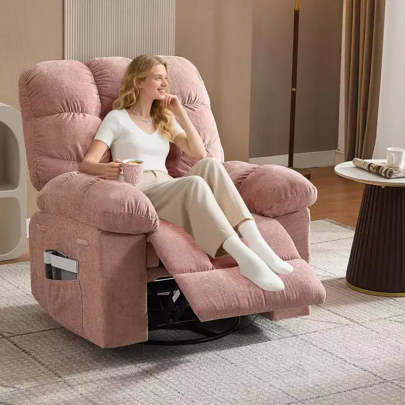 Fauteuil de massage inclinable et chauffant – Fauteuil à bascule pivotant à 360°, canapé simple surdimensionné avec vibration, port USB et poches de rangement pour salon/chambre