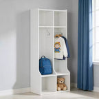 Porte-manteau pour enfants blanc, meuble de rangement d'entrée à 2 sections avec 4 casiers et 4 crochets pour la maison, l'école, la crèche, la chambre d'enfant.