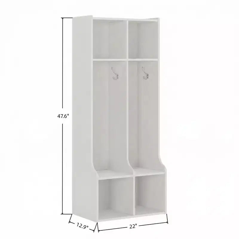 Porte-manteau pour enfants blanc, meuble de rangement d'entrée à 2 sections avec 4 casiers et 4 crochets pour la maison, l'école, la crèche, la chambre d'enfant.