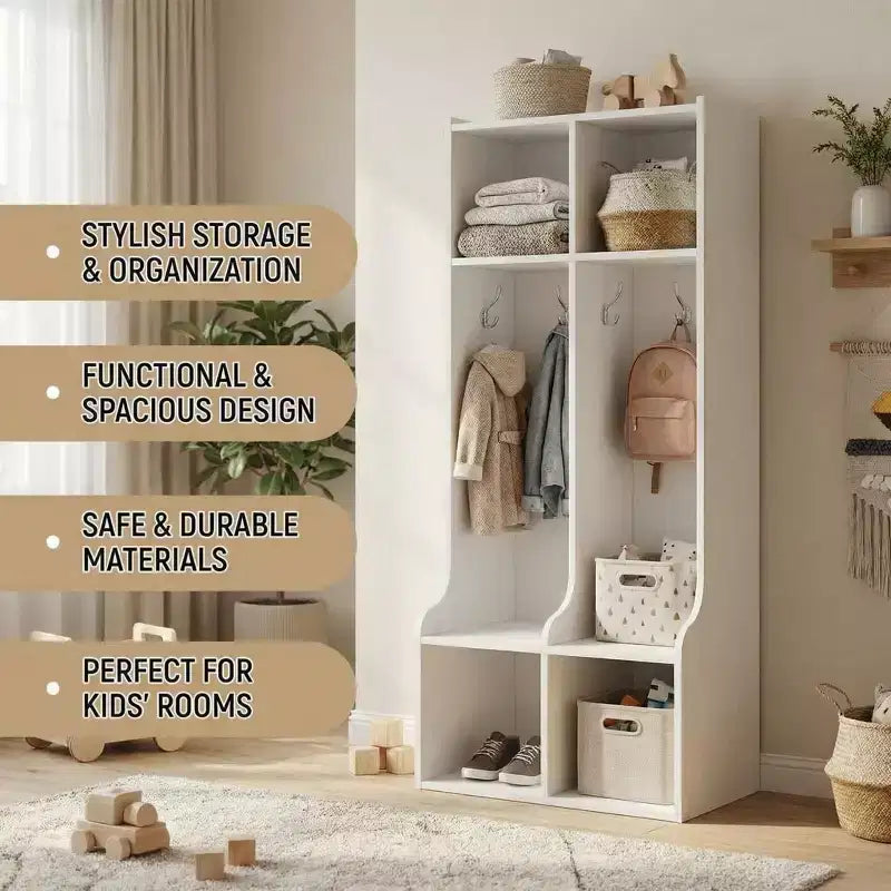 Porte-manteau pour enfants blanc, meuble de rangement d'entrée à 2 sections avec 4 casiers et 4 crochets pour la maison, l'école, la crèche, la chambre d'enfant.