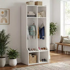 Porte-manteau pour enfants blanc, meuble de rangement d'entrée à 2 sections avec 4 casiers et 4 crochets pour la maison, l'école, la crèche, la chambre d'enfant.