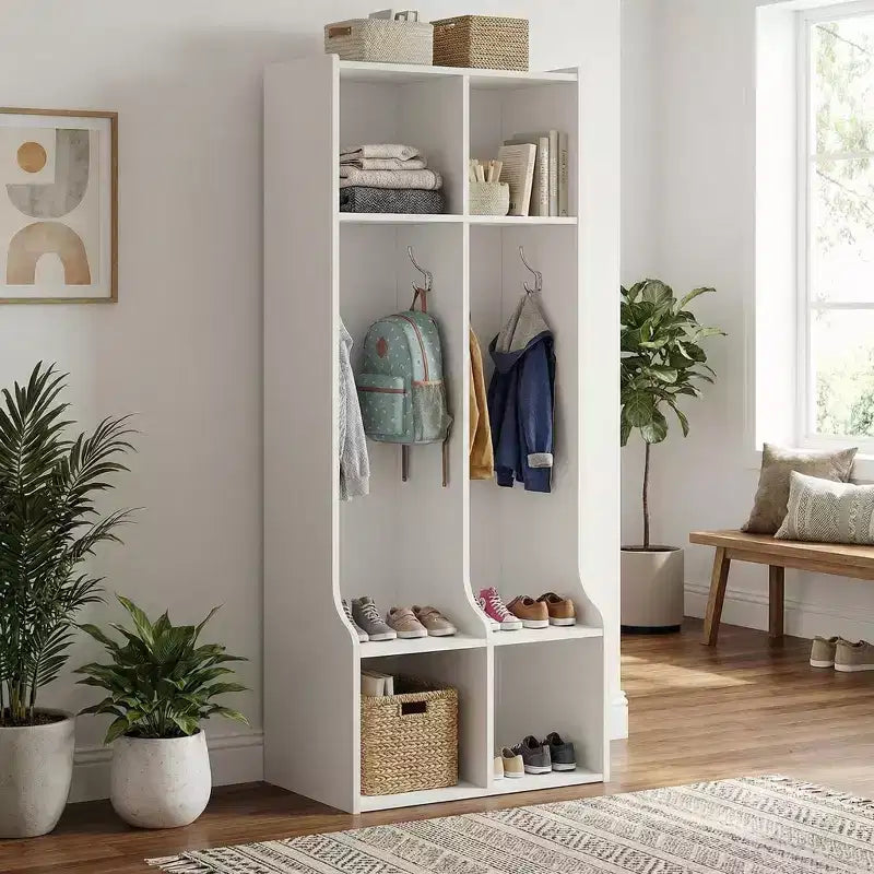 Porte-manteau pour enfants blanc, meuble de rangement d'entrée à 2 sections avec 4 casiers et 4 crochets pour la maison, l'école, la crèche, la chambre d'enfant.