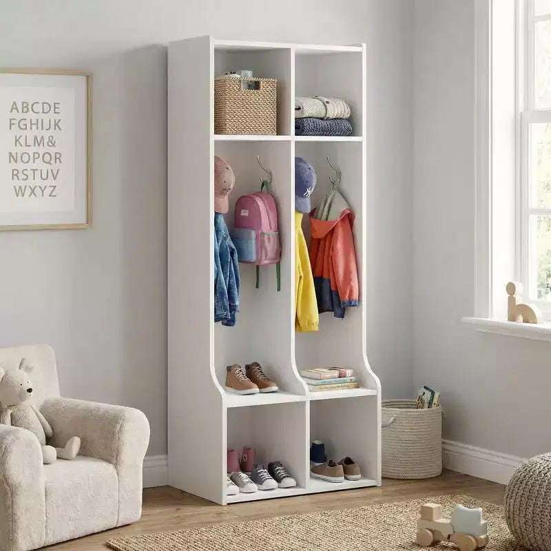 Porte-manteau pour enfants blanc, meuble de rangement d'entrée à 2 sections avec 4 casiers et 4 crochets pour la maison, l'école, la crèche, la chambre d'enfant.