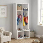 Porte-manteau pour enfants blanc, meuble de rangement d'entrée à 2 sections avec 4 casiers et 4 crochets pour la maison, l'école, la crèche, la chambre d'enfant.
