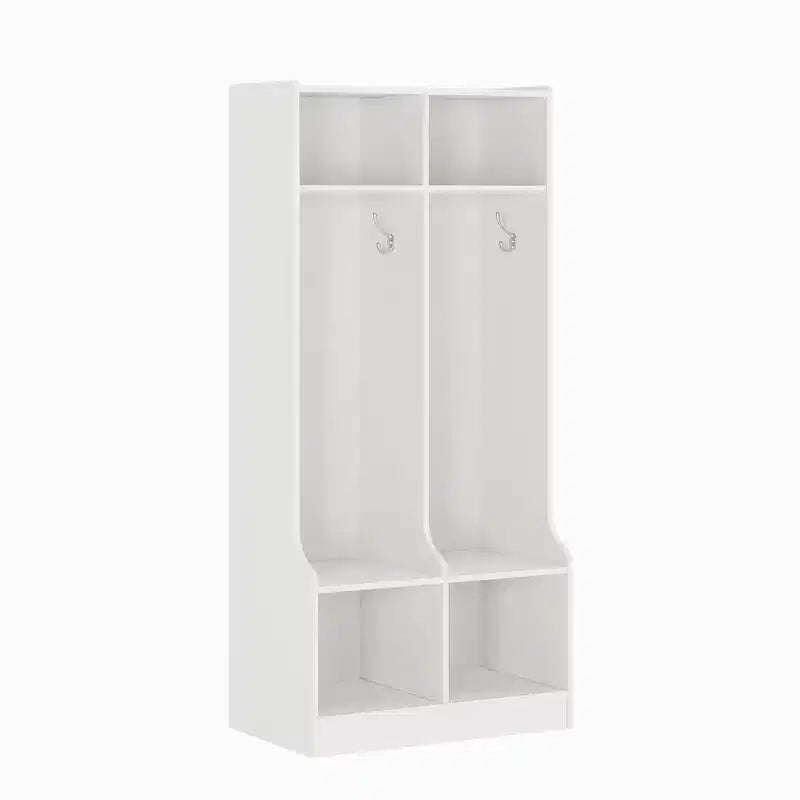 Porte-manteau pour enfants blanc, meuble de rangement d'entrée à 2 sections avec 4 casiers et 4 crochets pour la maison, l'école, la crèche, la chambre d'enfant.