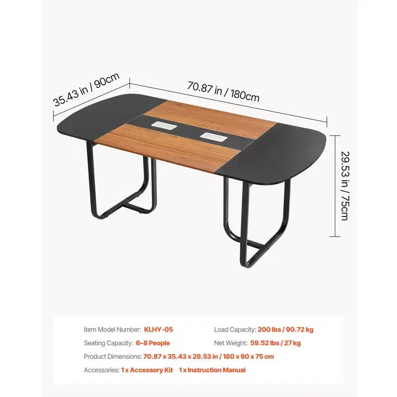 Table de conférence VEVOR, table de réunion de bureau ovale de 1,8 m pour 6-8 personnes, bureau de séminaire moderne avec pieds en métal, grande table de réunion, noir et marron