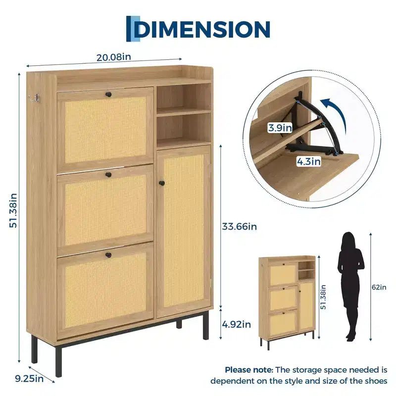 Meuble à chaussures autoportant en rotin avec 3 tiroirs basculants et 5 étagères, organisateur de rangement de chaussures pour entrée ou couloir