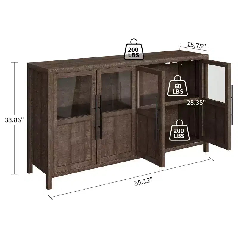Buffet vaisselier 55 po avec 4 portes vitrées – Meuble de bar à vin pour cuisine, salle à manger, salon