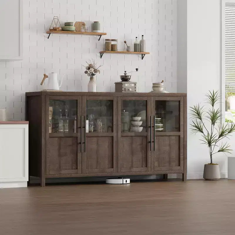 Buffet vaisselier 55 po avec 4 portes vitrées – Meuble de bar à vin pour cuisine, salle à manger, salon