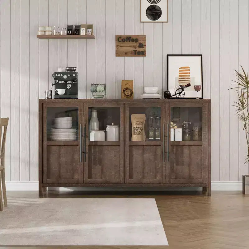 Buffet vaisselier 55 po avec 4 portes vitrées – Meuble de bar à vin pour cuisine, salle à manger, salon