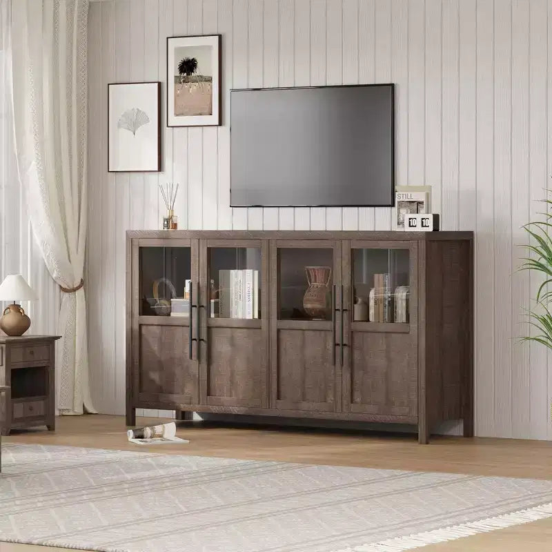 Buffet vaisselier 55 po avec 4 portes vitrées – Meuble de bar à vin pour cuisine, salle à manger, salon