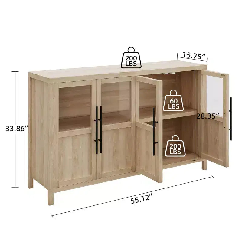 Buffet vaisselier 55 po avec 4 portes vitrées – Meuble de bar à vin pour cuisine, salle à manger, salon