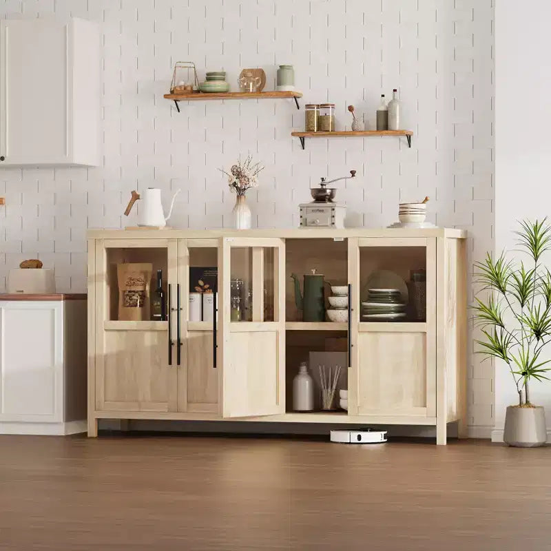 Buffet vaisselier 55 po avec 4 portes vitrées – Meuble de bar à vin pour cuisine, salle à manger, salon