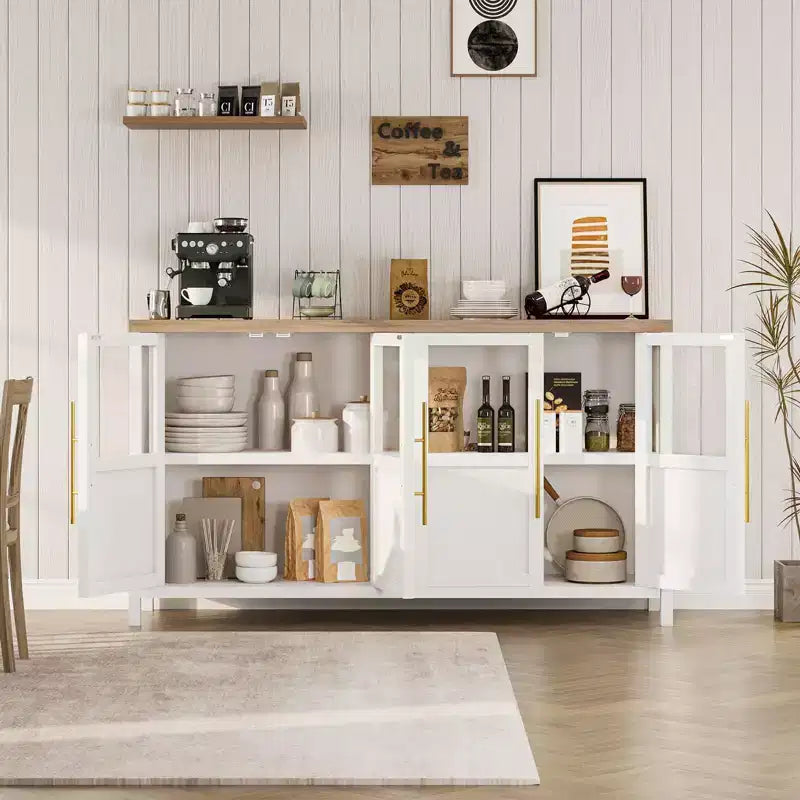 Buffet vaisselier 55 po avec 4 portes vitrées – Meuble de bar à vin pour cuisine, salle à manger, salon