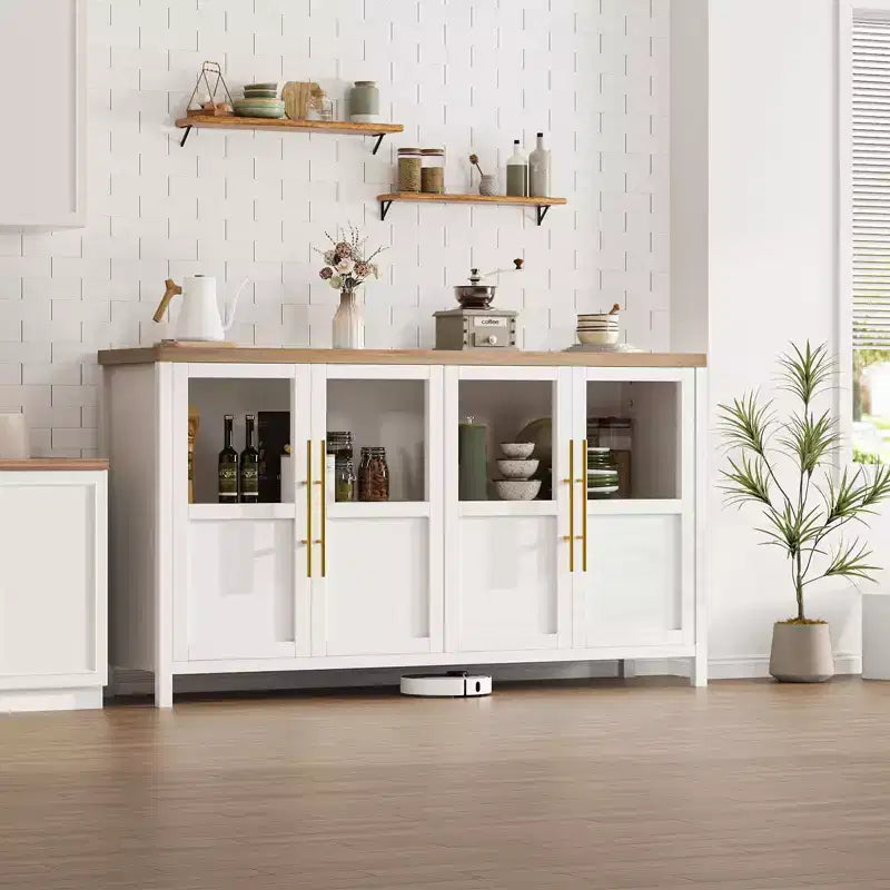 Buffet vaisselier 55 po avec 4 portes vitrées – Meuble de bar à vin pour cuisine, salle à manger, salon