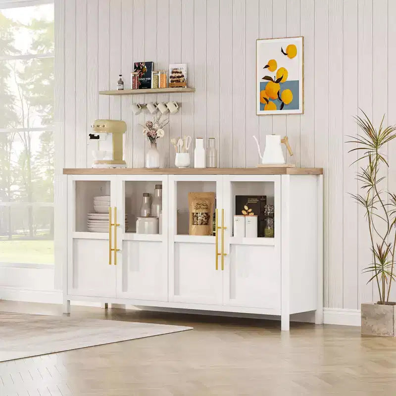 Buffet vaisselier 55 po avec 4 portes vitrées – Meuble de bar à vin pour cuisine, salle à manger, salon