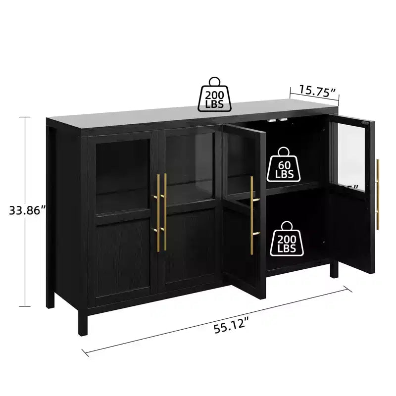 Buffet vaisselier 55 po avec 4 portes vitrées – Meuble de bar à vin pour cuisine, salle à manger, salon