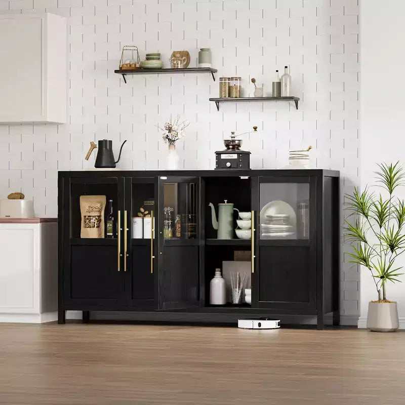 Buffet vaisselier 55 po avec 4 portes vitrées – Meuble de bar à vin pour cuisine, salle à manger, salon