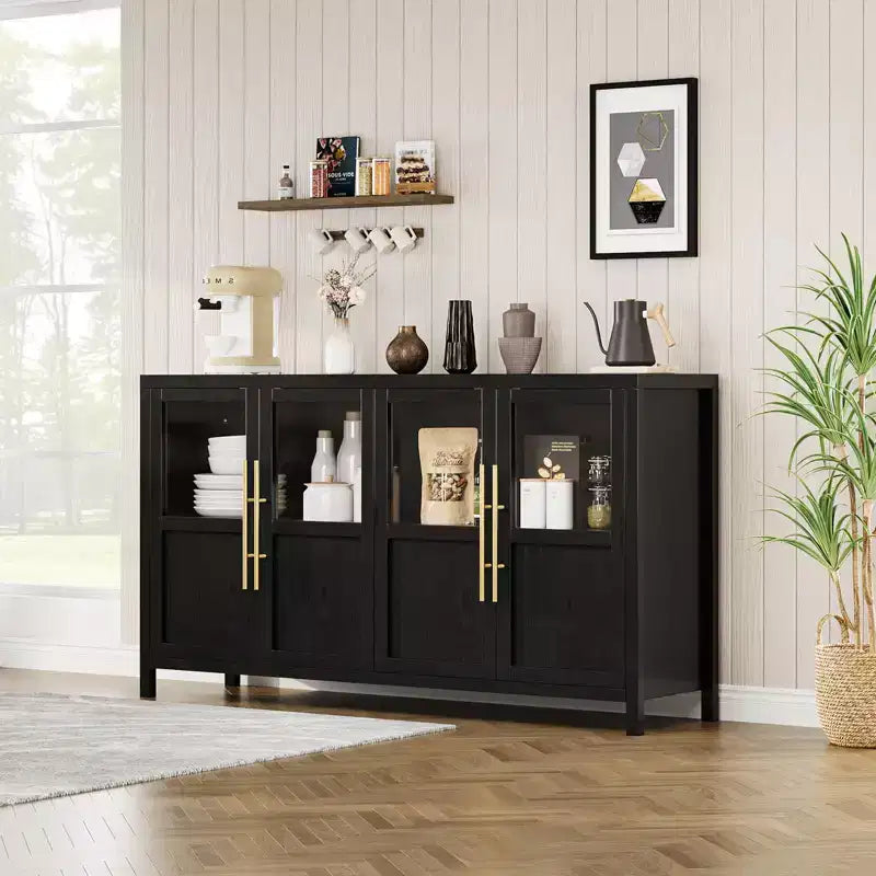 Buffet vaisselier 55 po avec 4 portes vitrées – Meuble de bar à vin pour cuisine, salle à manger, salon