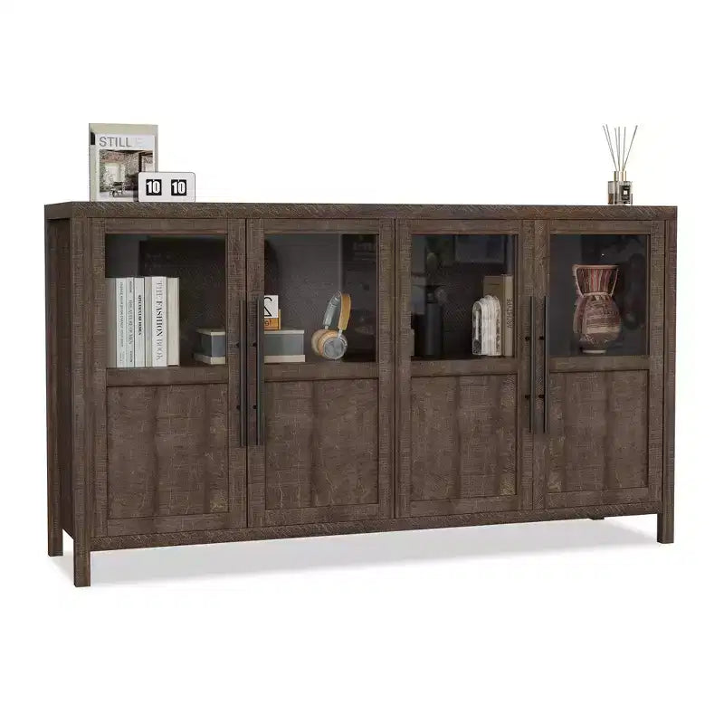 Buffet vaisselier 55 po avec 4 portes vitrées – Meuble de bar à vin pour cuisine, salle à manger, salon