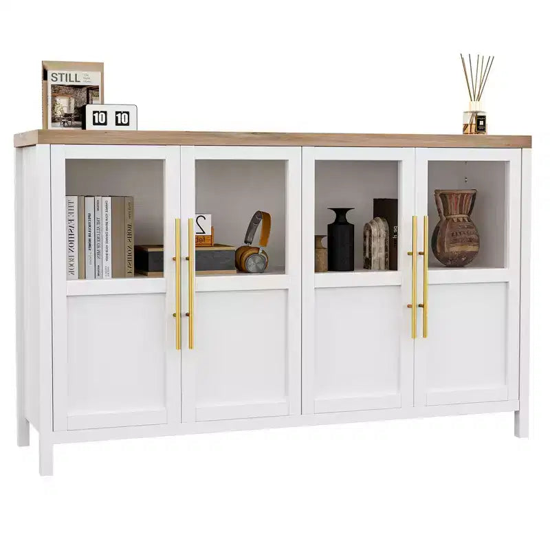 Buffet vaisselier 55 po avec 4 portes vitrées – Meuble de bar à vin pour cuisine, salle à manger, salon
