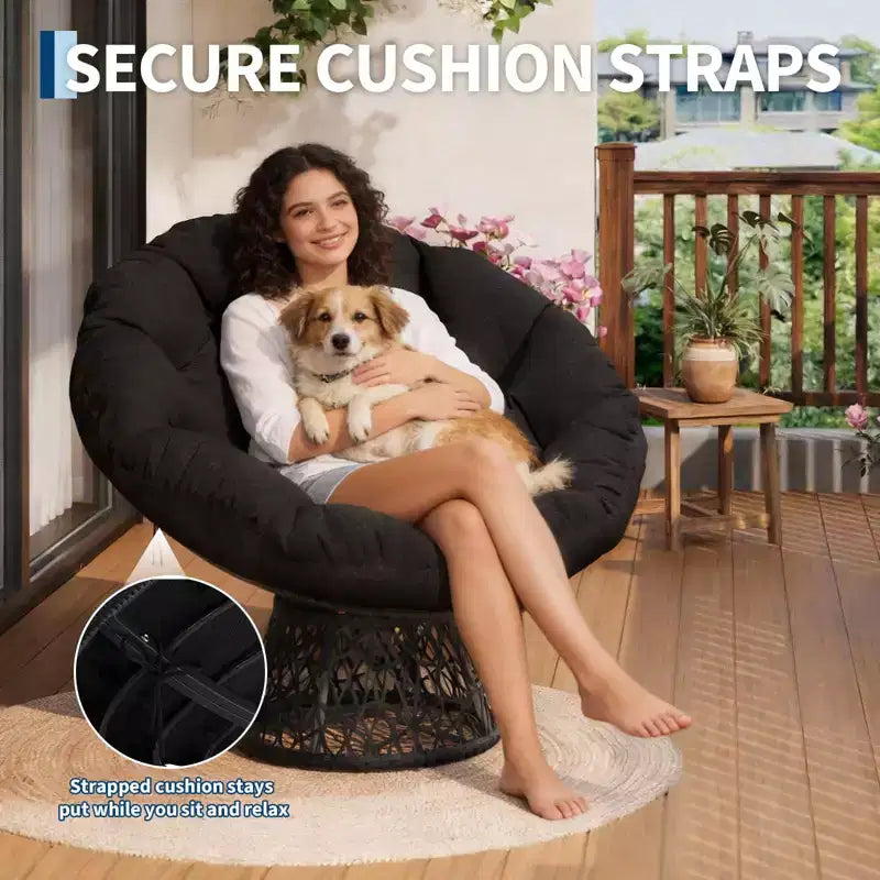 Fauteuil à bascule de patio surdimensionné, rotin tressé à la main, fauteuil en osier ergonomique, cadre en acier robuste, base pivotante à 360°, pour salon, chambre à coucher