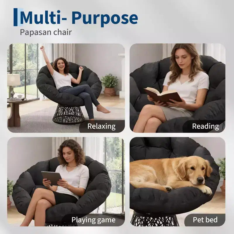Fauteuil à bascule de patio surdimensionné, rotin tressé à la main, fauteuil en osier ergonomique, cadre en acier robuste, base pivotante à 360°, pour salon, chambre à coucher
