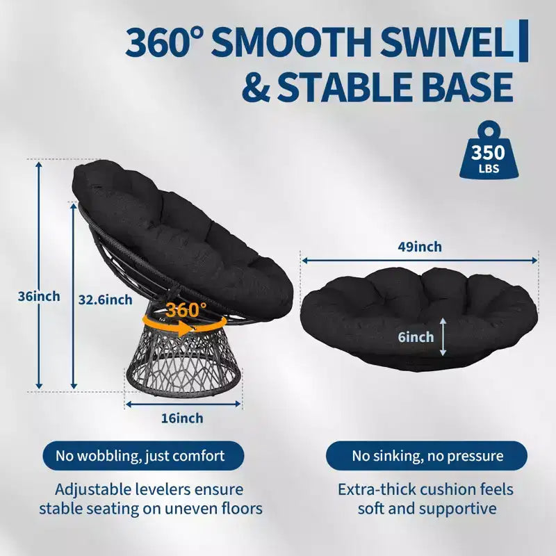 Fauteuil à bascule de patio surdimensionné, rotin tressé à la main, fauteuil en osier ergonomique, cadre en acier robuste, base pivotante à 360°, pour salon, chambre à coucher