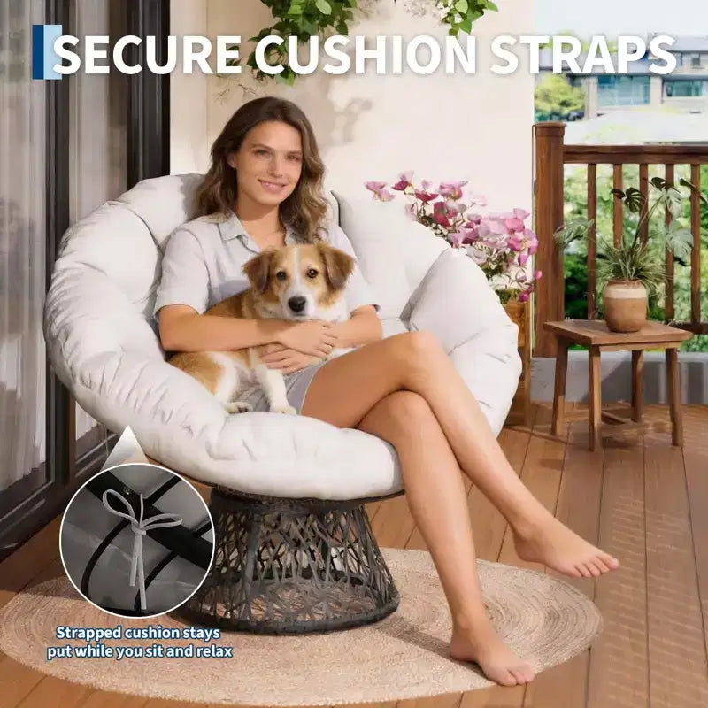 Fauteuil à bascule de patio surdimensionné, rotin tressé à la main, fauteuil en osier ergonomique, cadre en acier robuste, base pivotante à 360°, pour salon, chambre à coucher