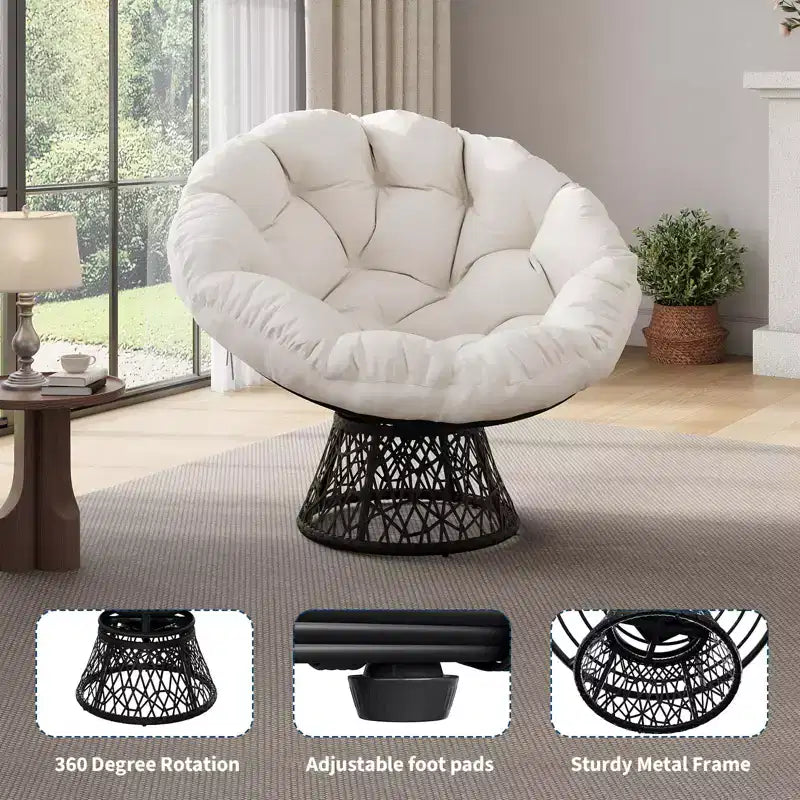 Fauteuil à bascule de patio surdimensionné, rotin tressé à la main, fauteuil en osier ergonomique, cadre en acier robuste, base pivotante à 360°, pour salon, chambre à coucher