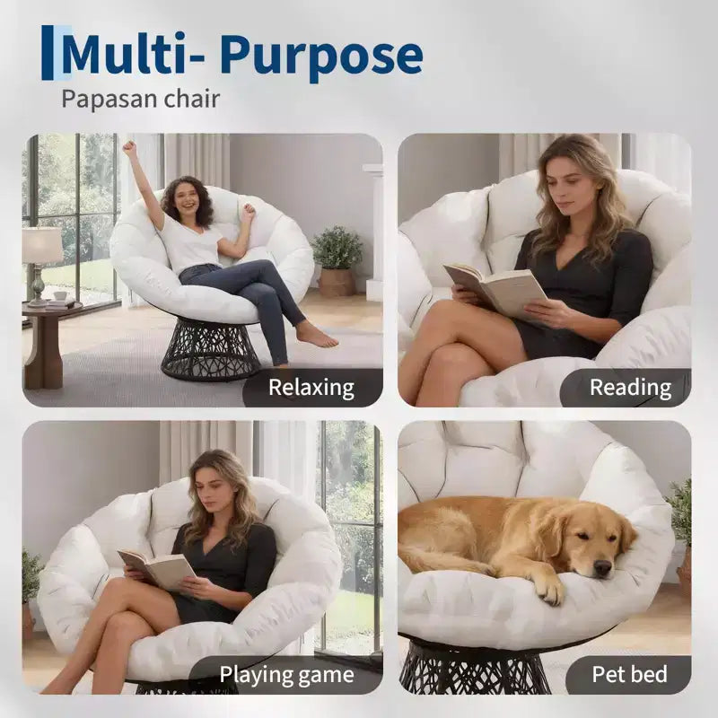 Fauteuil à bascule de patio surdimensionné, rotin tressé à la main, fauteuil en osier ergonomique, cadre en acier robuste, base pivotante à 360°, pour salon, chambre à coucher