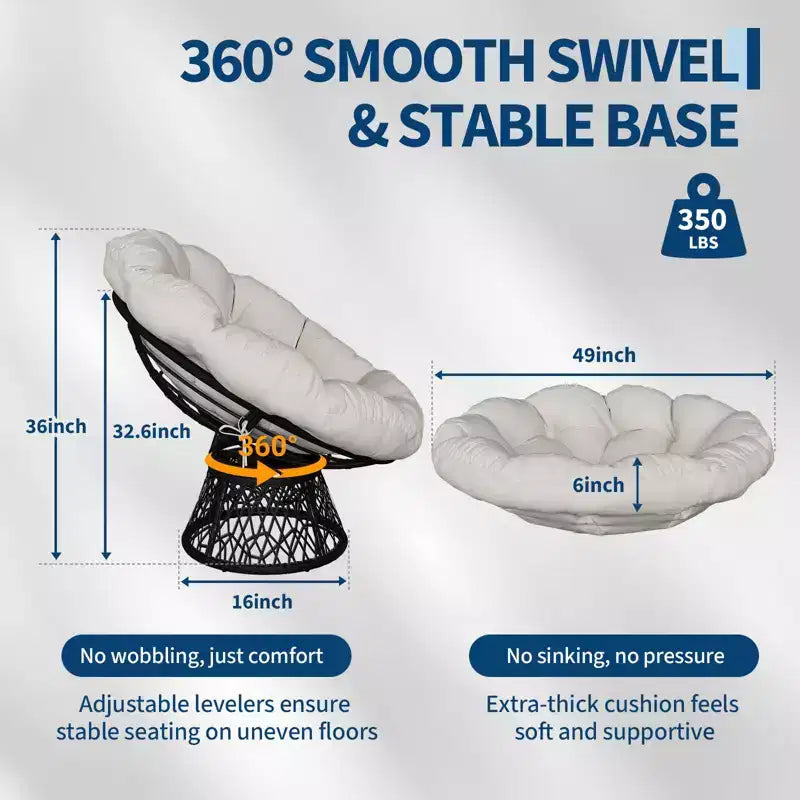 Fauteuil à bascule de patio surdimensionné, rotin tressé à la main, fauteuil en osier ergonomique, cadre en acier robuste, base pivotante à 360°, pour salon, chambre à coucher