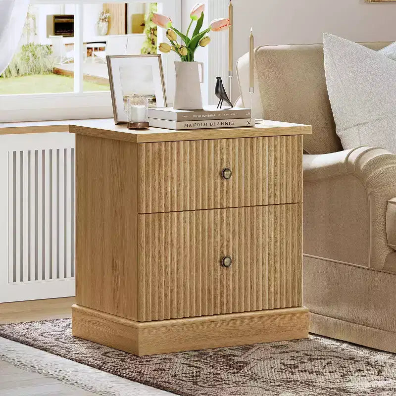 Nightstand, End Table  Fluted 2-Drawer Bedside Cabinet, Mid Century Modern Wood Storage for Bedroom, Living Room, Light Oak
