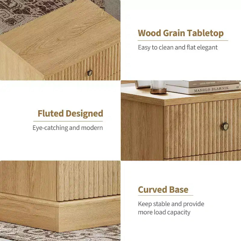 Table de chevet, table d'appoint, commode de chevet cannelée à 2 tiroirs, rangement en bois style moderne du milieu du siècle pour chambre à coucher, salon, chêne clair