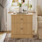 Table de chevet, table d'appoint, commode de chevet cannelée à 2 tiroirs, rangement en bois style moderne du milieu du siècle pour chambre à coucher, salon, chêne clair
