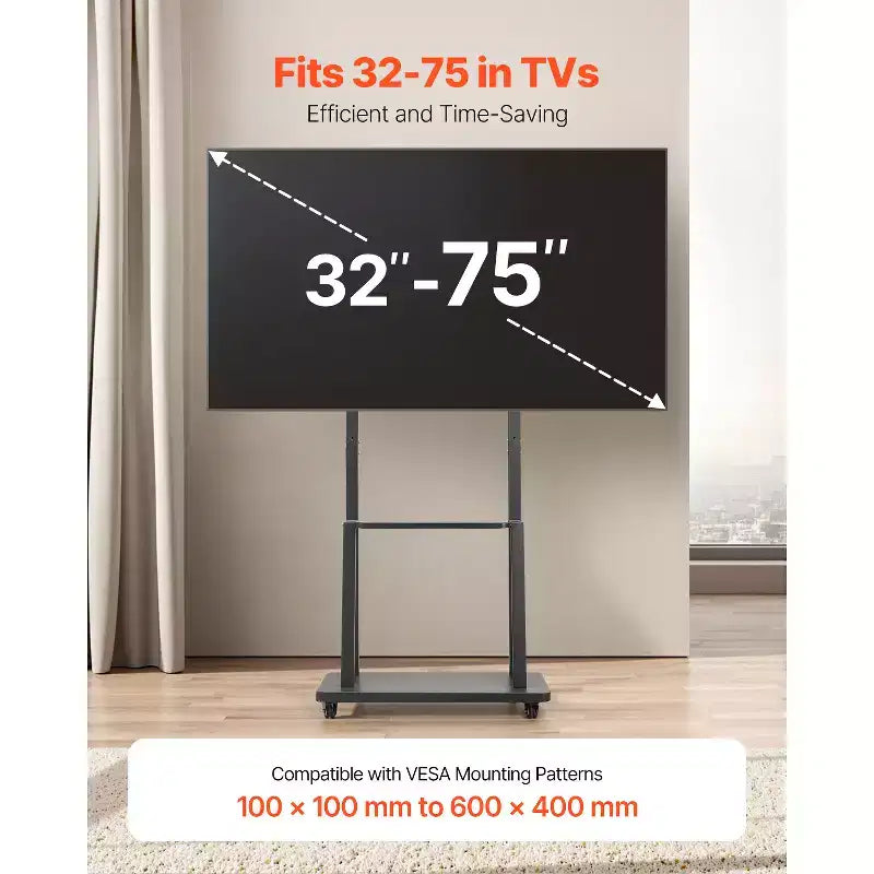 Meuble TV roulant VEVOR, Chariot TV mobile pour écrans de 32 à 75 pouces, Support de moniteur portable réglable en hauteur avec plateau, Supporte jusqu'à 68 kg, Noir