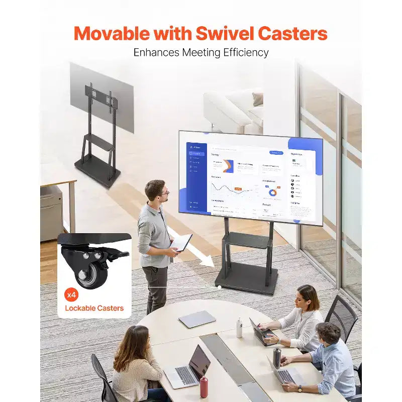 Meuble TV roulant VEVOR, Chariot TV mobile pour écrans de 32 à 75 pouces, Support de moniteur portable réglable en hauteur avec plateau, Supporte jusqu'à 68 kg, Noir