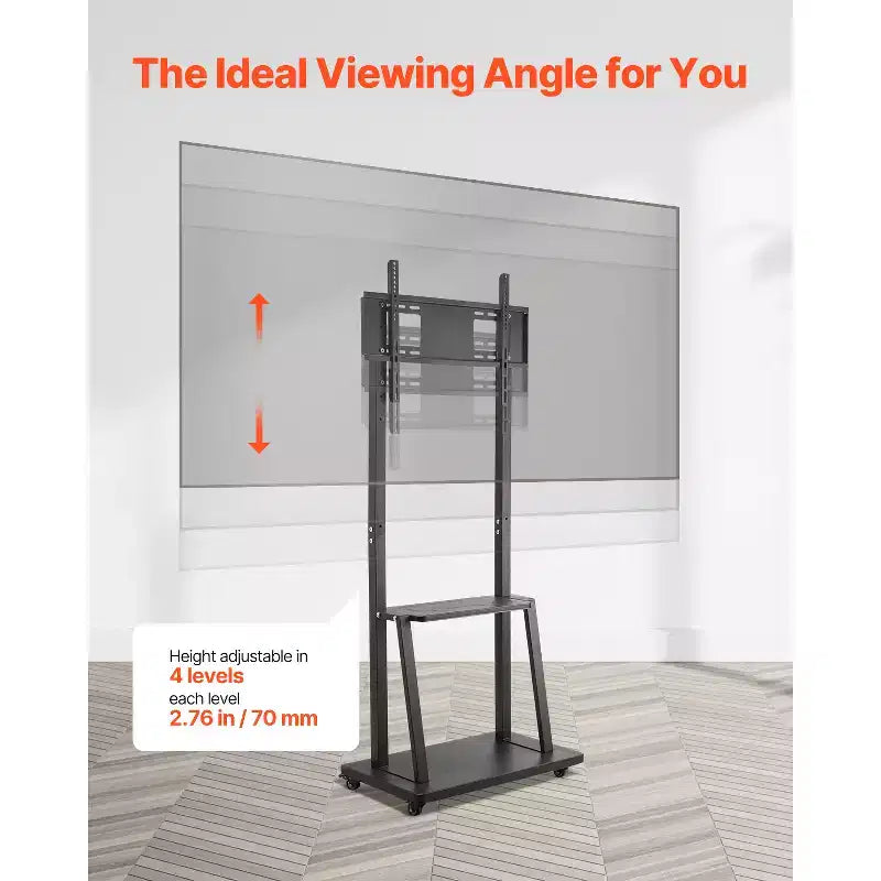 Meuble TV roulant VEVOR, Chariot TV mobile pour écrans de 32 à 75 pouces, Support de moniteur portable réglable en hauteur avec plateau, Supporte jusqu'à 68 kg, Noir