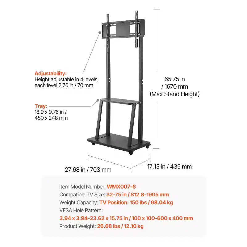 Meuble TV roulant VEVOR, Chariot TV mobile pour écrans de 32 à 75 pouces, Support de moniteur portable réglable en hauteur avec plateau, Supporte jusqu'à 68 kg, Noir