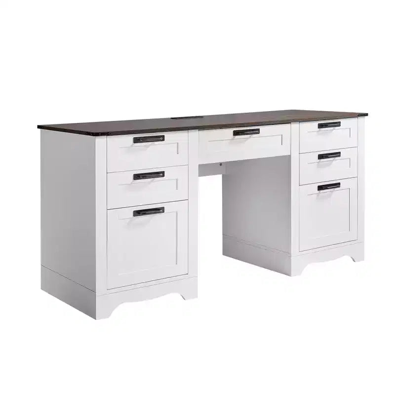 VEVOR Executive Desk, Farmhouse Office Table with Charging Station,Particle Board Executive Table with Storage Drawers, 200 LBS Load Capacity, Brown