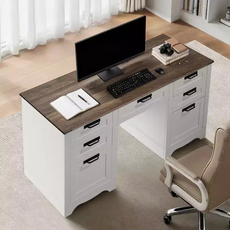 Bureau de direction VEVOR, table de bureau de style ferme avec station de recharge, table de direction en panneaux de particules avec tiroirs de rangement, capacité de charge de 90,7 kg, marron