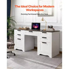 Bureau de direction VEVOR, table de bureau de style ferme avec station de recharge, table de direction en panneaux de particules avec tiroirs de rangement, capacité de charge de 90,7 kg, marron