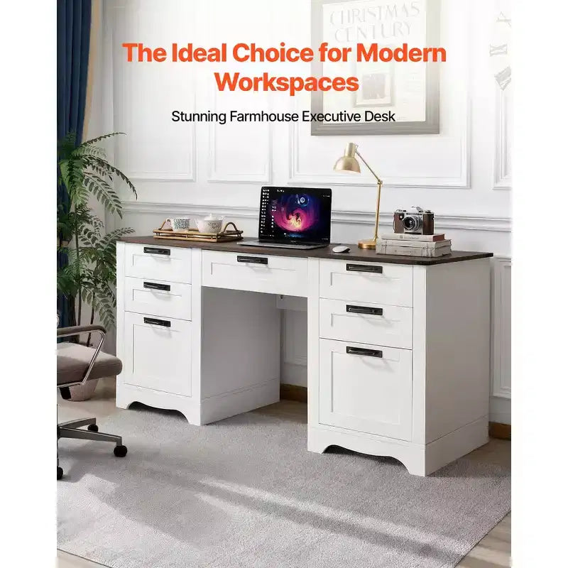 Bureau de direction VEVOR, table de bureau de style ferme avec station de recharge, table de direction en panneaux de particules avec tiroirs de rangement, capacité de charge de 90,7 kg, marron
