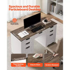 Bureau de direction VEVOR, table de bureau de style ferme avec station de recharge, table de direction en panneaux de particules avec tiroirs de rangement, capacité de charge de 90,7 kg, marron